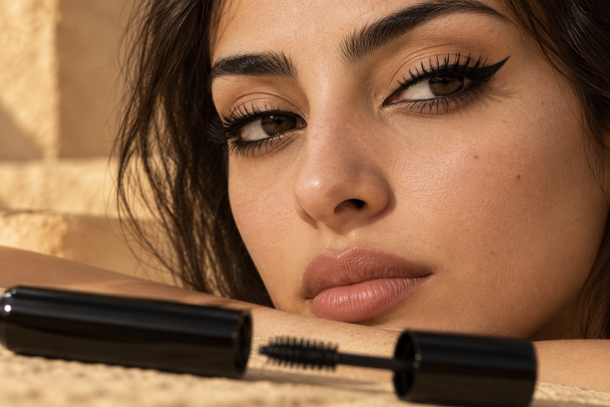 Close-up of a young Egyptian woman with black winged liner and long lashes, a black mascara in the foreground