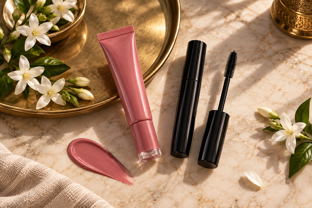 Flat lay of a rose lip glaze tube and black mascara on cream marble beside a brass tray and jasmine flowers