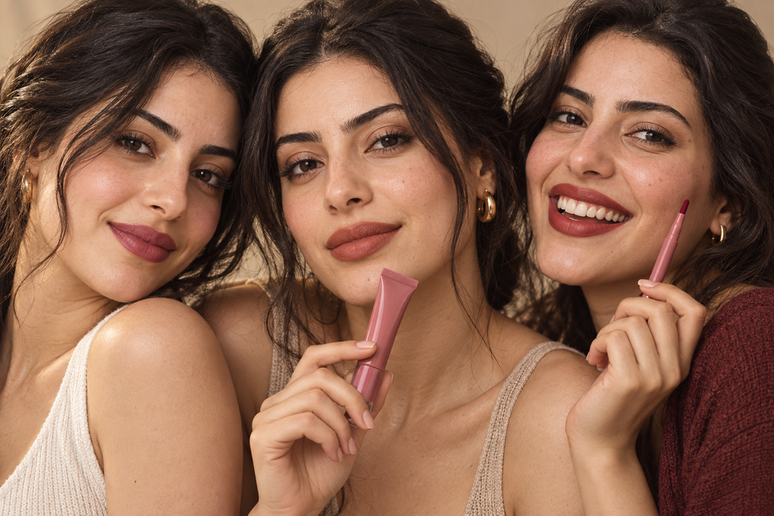 Three young Egyptian women with fair to light-olive skin wearing berry, terracotta and brick lip colours in warm light
