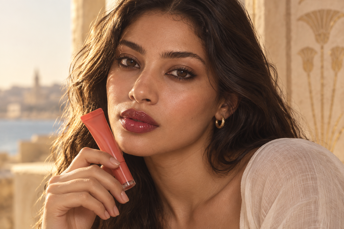 Egyptian girl with glossy berry lips holding GlamicBlend Lip Glaze