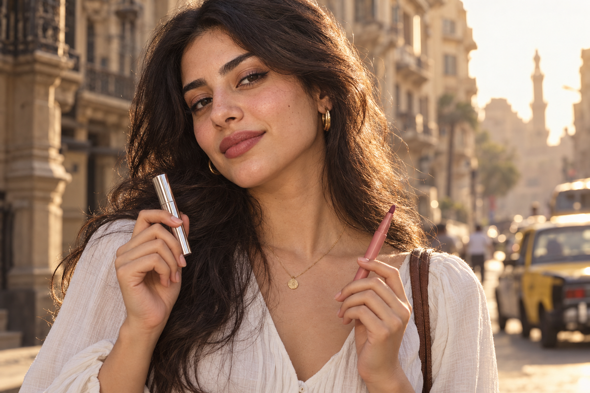Young Egyptian woman with rosy stained lips on a sunlit Cairo street holding a silver lip tint tube and a pink lip contour pen