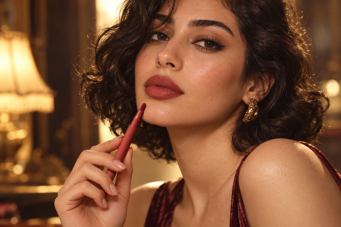 Young woman with a dark wavy bob and defined deep rose cupid's bow lips holding a lip contour pen in warm lamp light