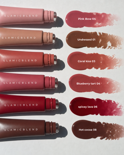 Lip Glaze shade range, tubes and swatches