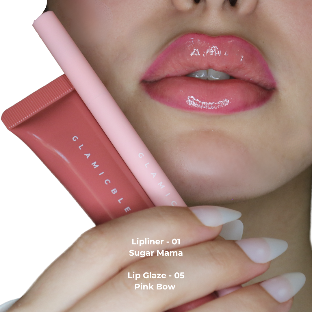 Lip Contour Stain 01 Sugar Mama con Lip Glaze Pink Bow 05 sulle labbra