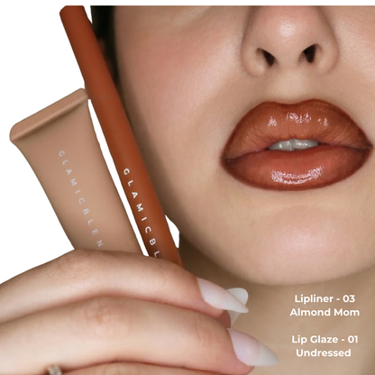 Lip Contour Stain 03 Almond Mom con Lip Glaze Undressed 01 sulle labbra