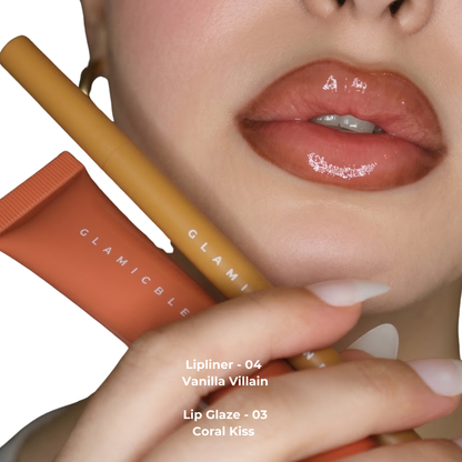 Lip Contour Stain 04 Vanilla Villain con Lip Glaze Coral Kiss 03 sulle labbra