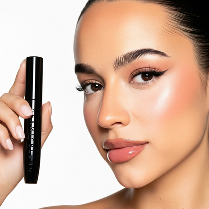 Model wearing Killer Lash mascara, holding the tube
