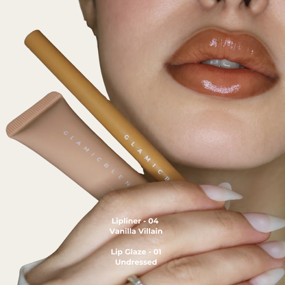 Lip Contour Stain 04 Vanilla Villain con Lip Glaze Undressed 01 sulle labbra