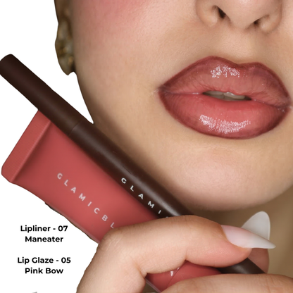 Lip Contour Stain 07 Maneater con Lip Glaze Pink Bow 05 sulle labbra