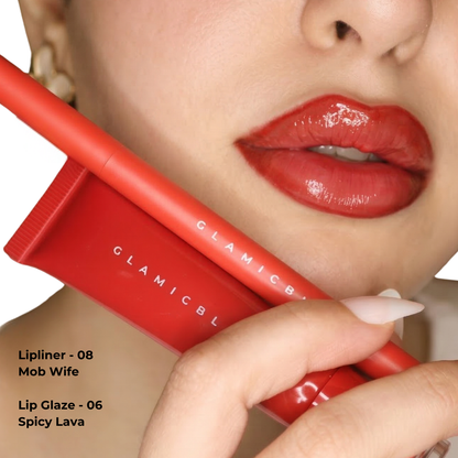 Lip Contour Stain 08 Mob Wife con Lip Glaze Spicy Lava 06 sulle labbra