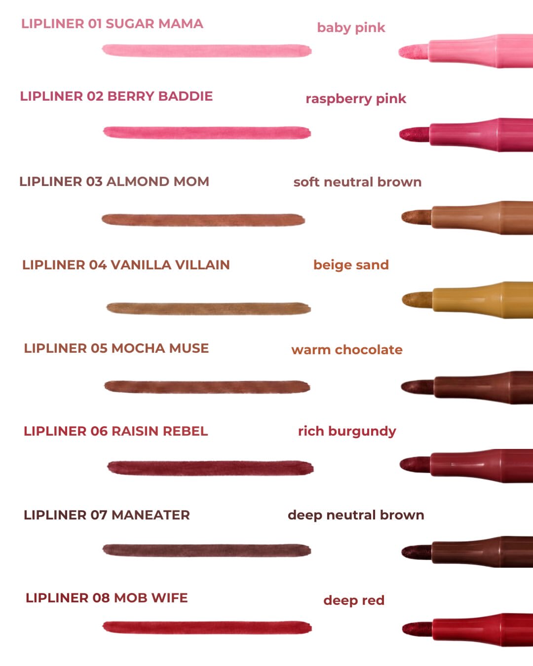 Guide des teintes Lip Contour Stain, de 01 Sugar Mama à 08 Mob Wife