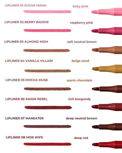 Guide des teintes Lip Contour Stain, de 01 Sugar Mama à 08 Mob Wife