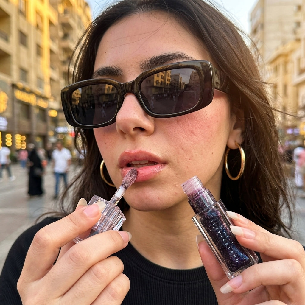 Femme appliquant l’huile à lèvres Exotic Extreme Noir en extérieur